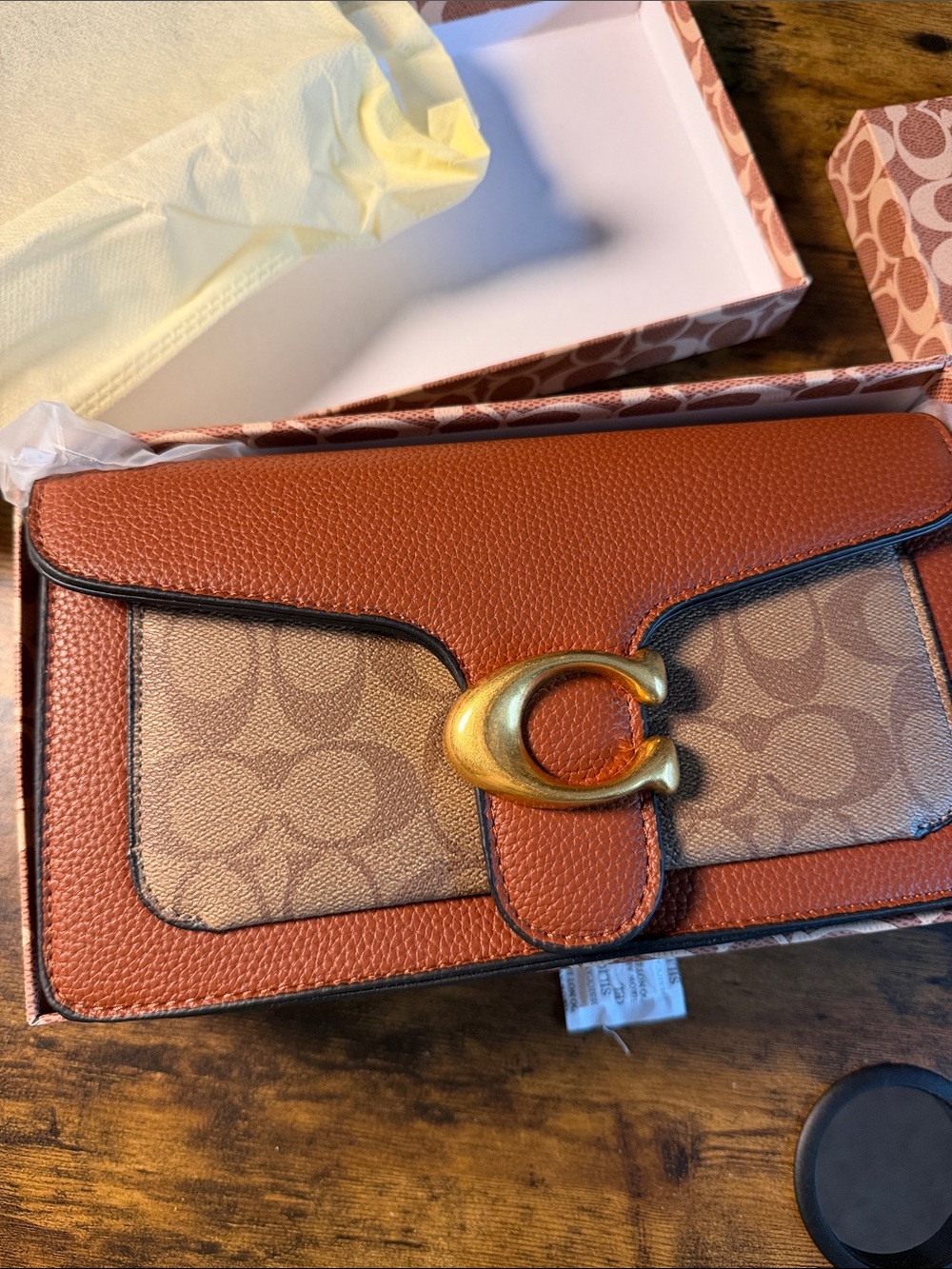 Coach Tan & Brown Signature Leather Wallet Crossbody with Gold 'C' Clasp